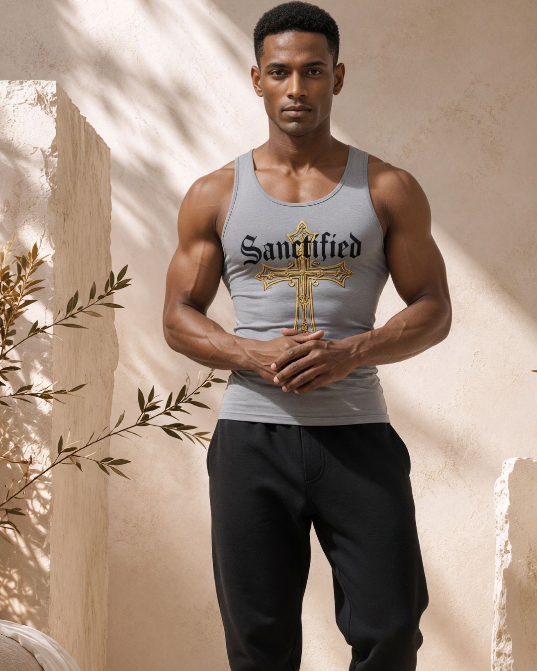 Man wearing a tank top with 'Sanctified' design against a beige wall.