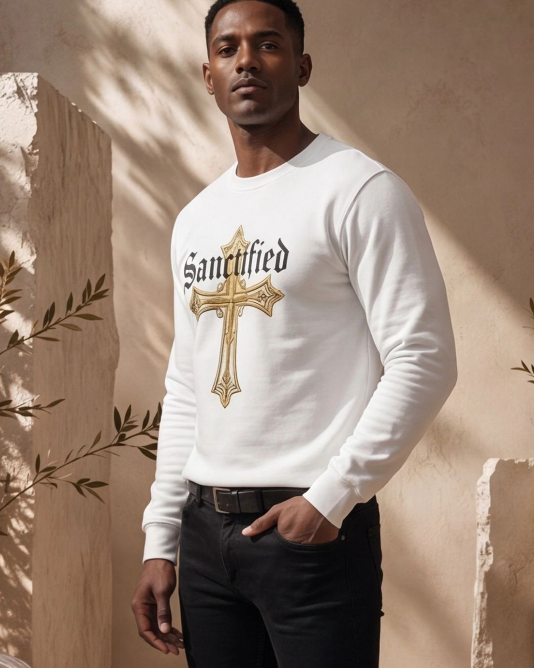 Man wearing a white sweatshirt with 'Sanctified' design against a beige wall.