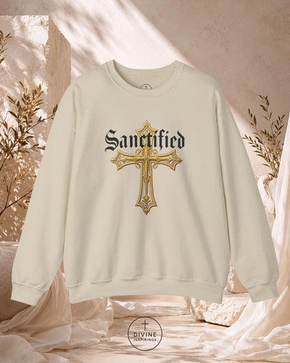 Beige sweatshirt with gold cross and 'Sanctified' text on a soft, neutral background