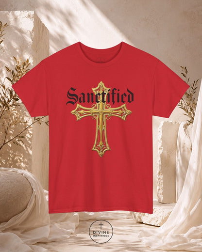 Red t-shirt with gold cross and 'Sanctified' text on a neutral background