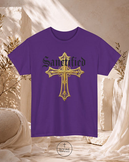 Purple t-shirt with gold cross and 'Sanctified' text on a decorative background