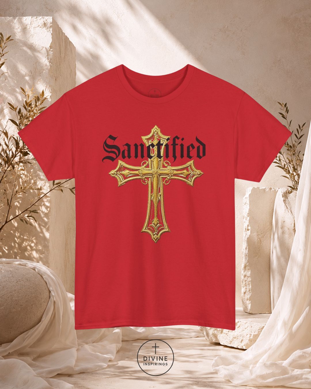 Red t-shirt with gold cross and 'Sanctified' text on a neutral background