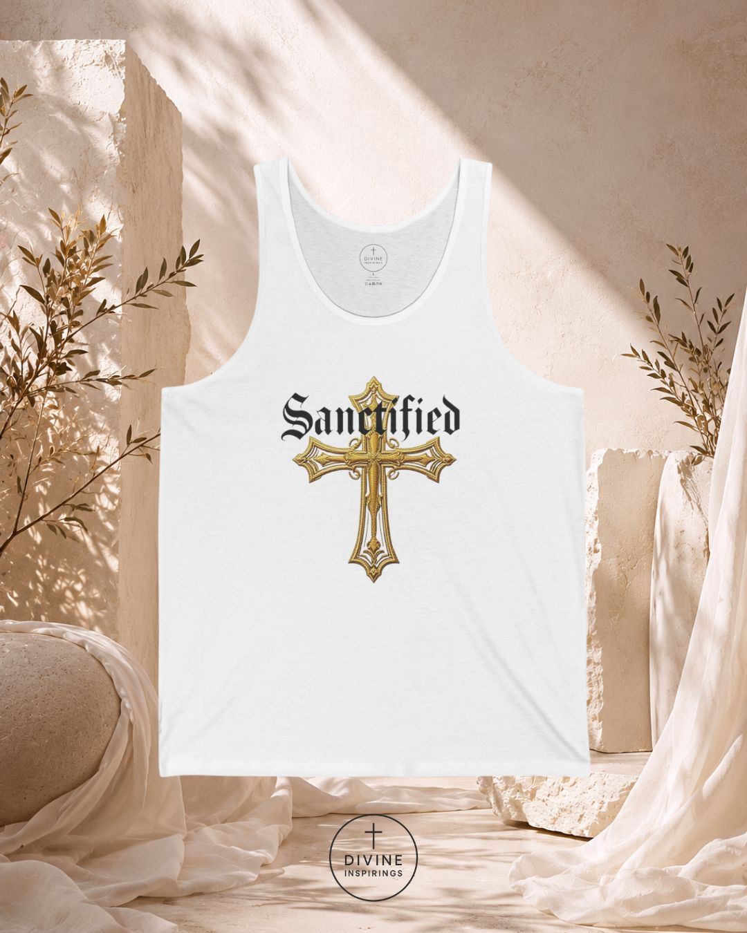 White tank top with gold cross and 'Sanctified' text on a neutral background