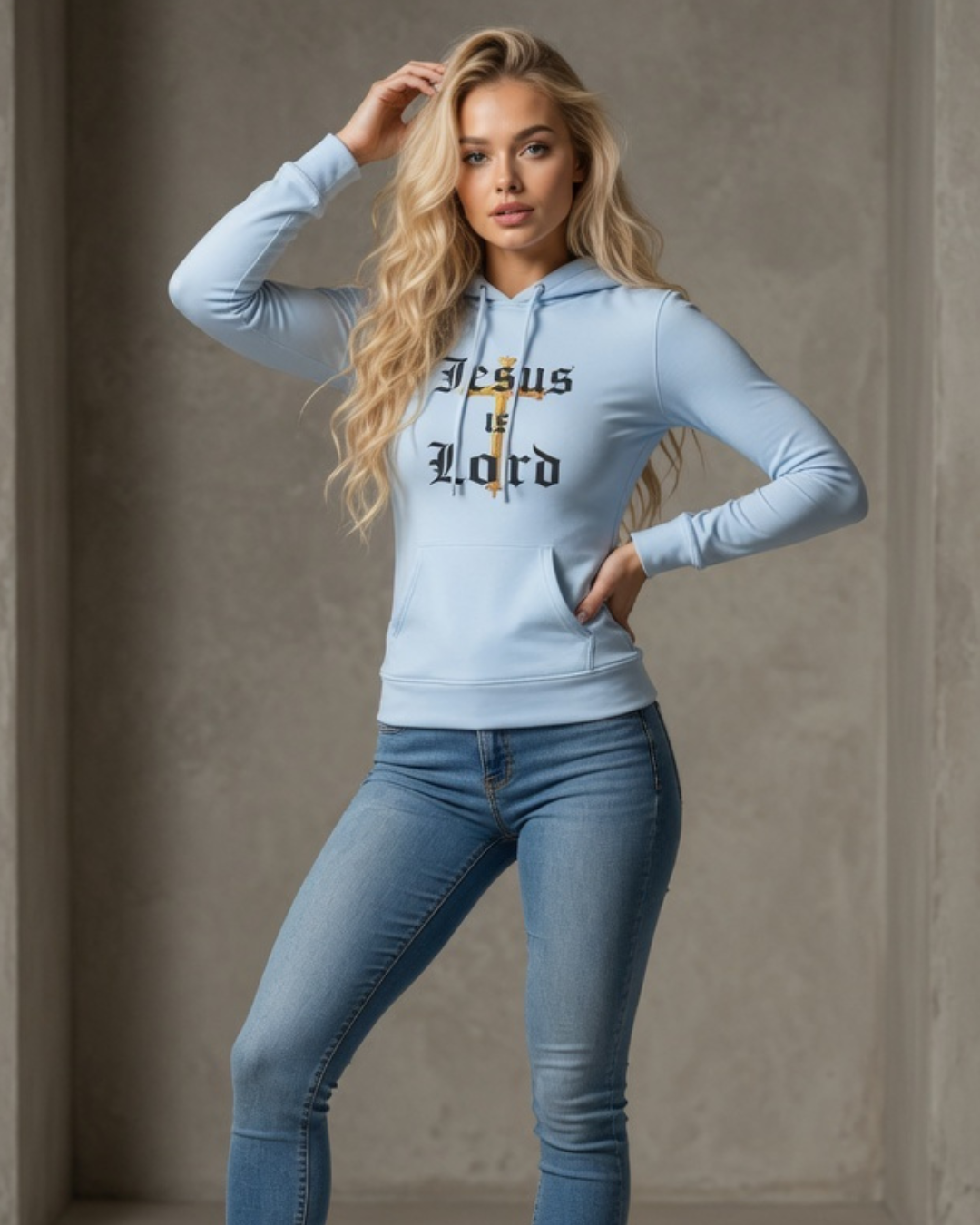 Woman wearing a light blue hoodie with text and jeans against a neutral background