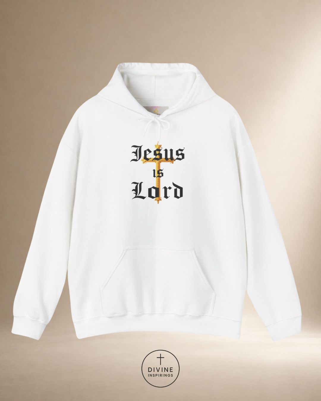 White hoodie with 'Jesus is Lord' text and cross design on a beige background