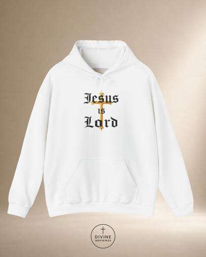 White hoodie with 'Jesus is Lord' text and cross design on a beige background