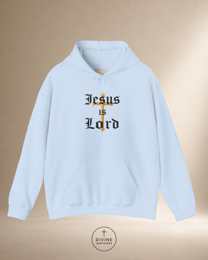 Light blue hoodie with 'Jesus is Lord' text and cross design on a beige background