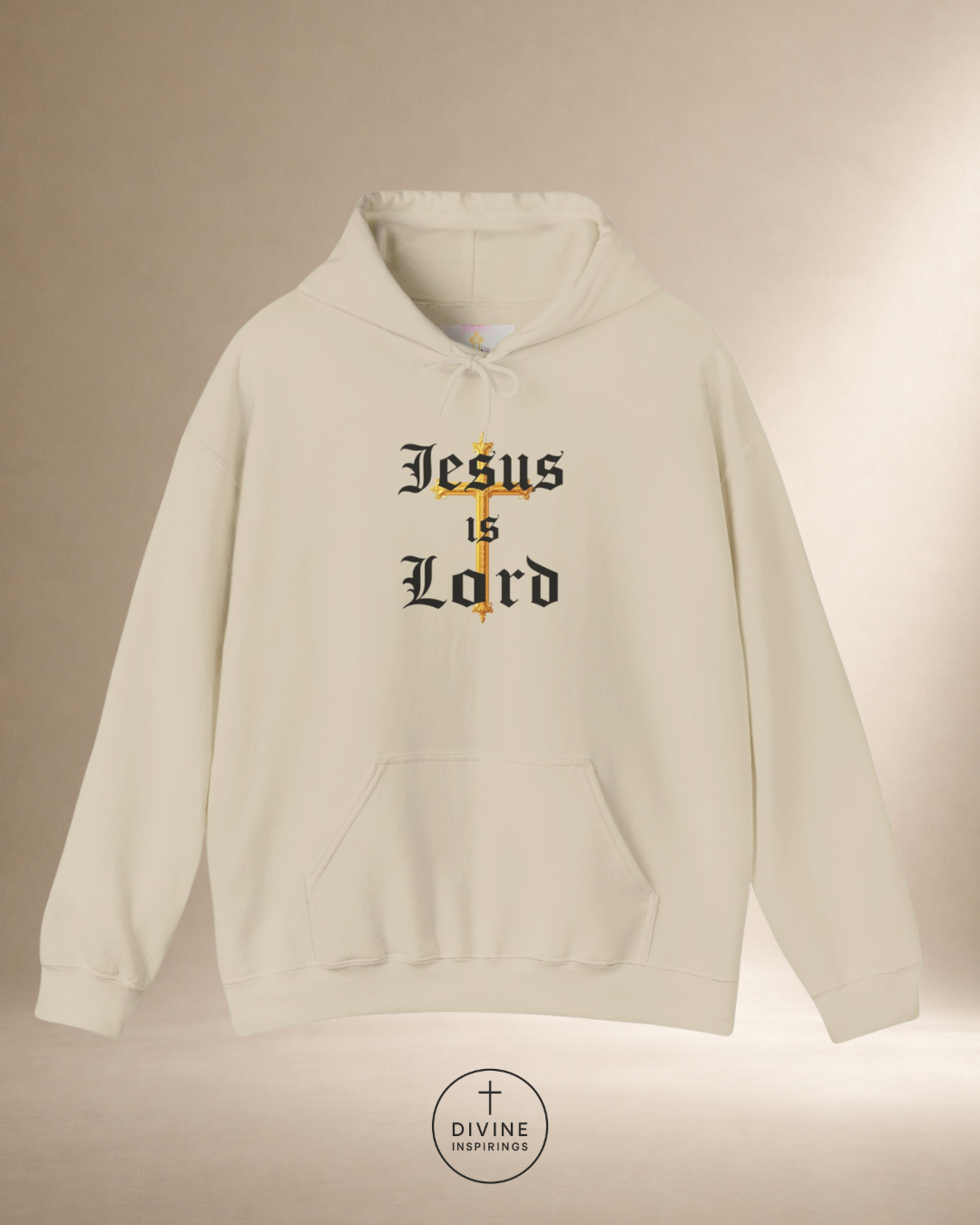 Beige hoodie with 'Jesus is Lord' text on a beige background