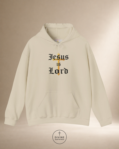 Beige hoodie with 'Jesus is Lord' text on a beige background