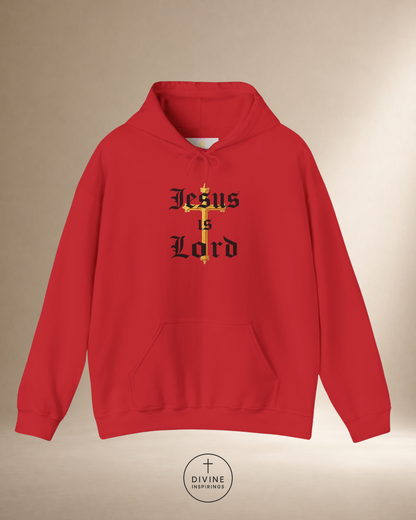 Red hoodie with 'Jesus is Lord' text on a beige background