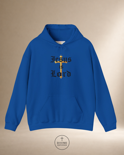 Blue hoodie with 'Jesus is Lord' text on a beige background