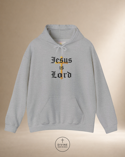 Gray hoodie with 'Jesus is Lord' text and cross design on a beige background