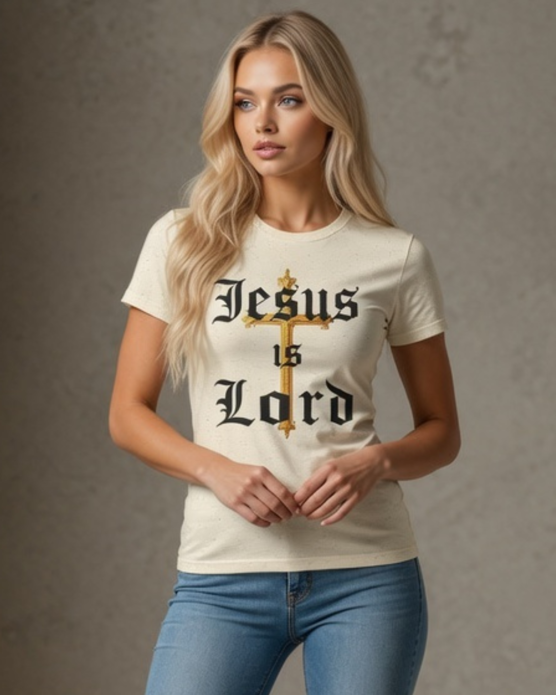 Woman wearing a white t-shirt with 'Jesus is Lord' text and cross design on a neutral background