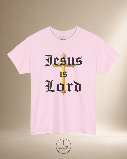 Pink t-shirt with 'Jesus is Lord' text and cross design on a beige background
