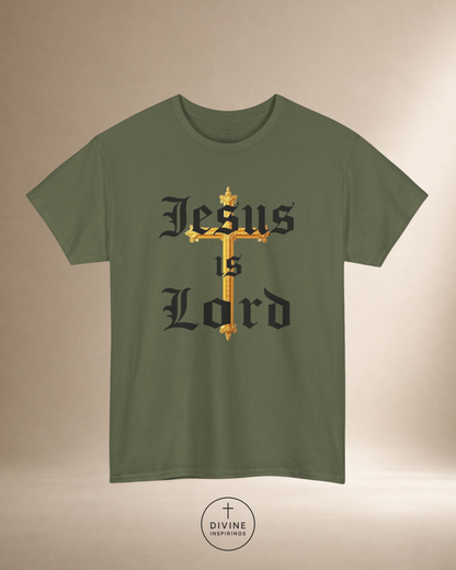 Green t-shirt with 'Jesus is Lord' text and cross design on a beige background
