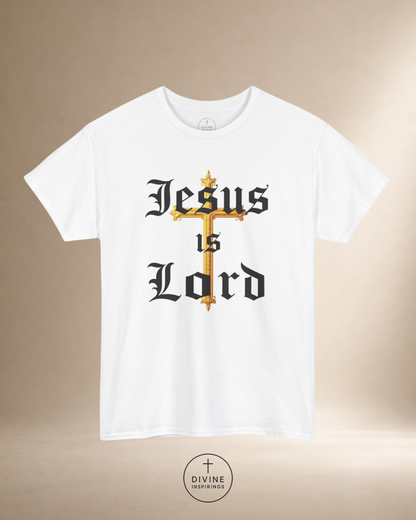 White t-shirt with 'Jesus is Lord' text and cross design on a beige background