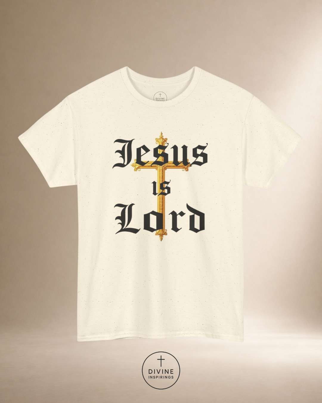 White t-shirt with 'Jesus is Lord' text and cross design on a beige background