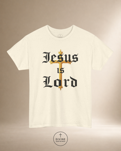 White t-shirt with 'Jesus is Lord' text and cross design on a beige background
