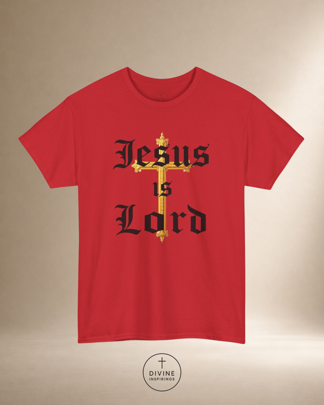 Red t-shirt with 'Jesus is Lord' text on a beige background