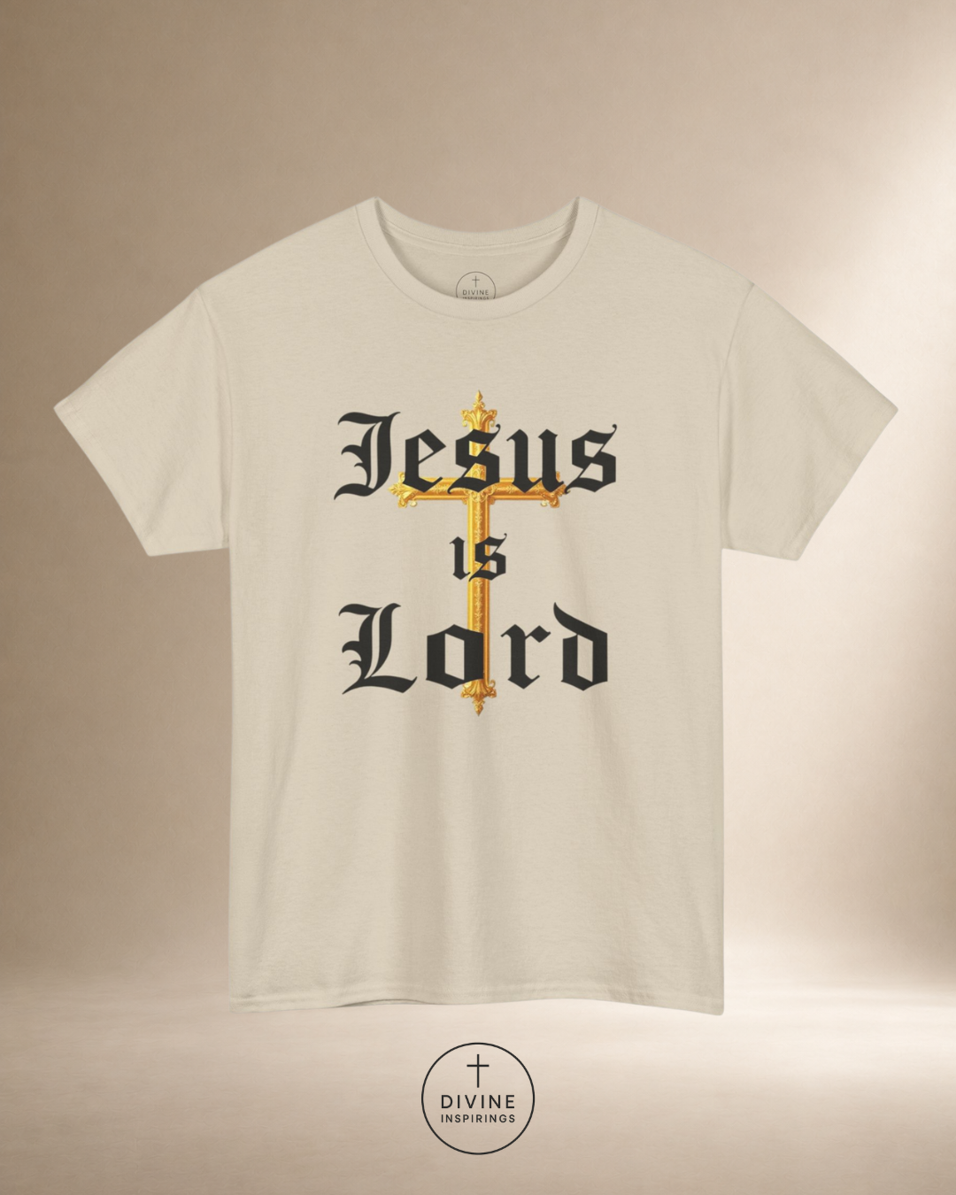 White t-shirt with 'Jesus is Lord' text and cross design on a beige background