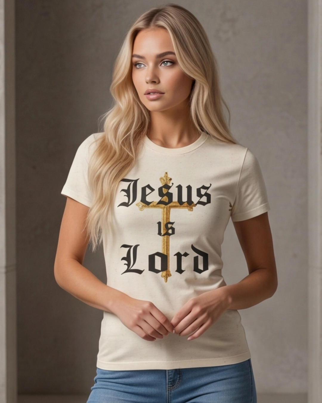 Woman wearing a white t-shirt with 'Jesus is Lord' text and cross graphic.