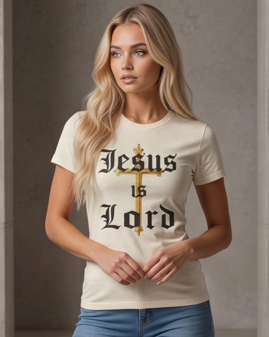 Woman wearing a white t-shirt with 'Jesus is Lord' text and cross graphic.