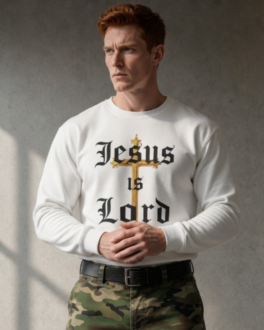 Man wearing a white sweatshirt with 'Jesus is Lord' text against a gray background