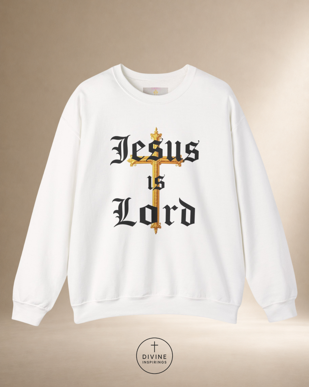 White sweatshirt with 'Jesus is Lord' text and cross design on a beige background