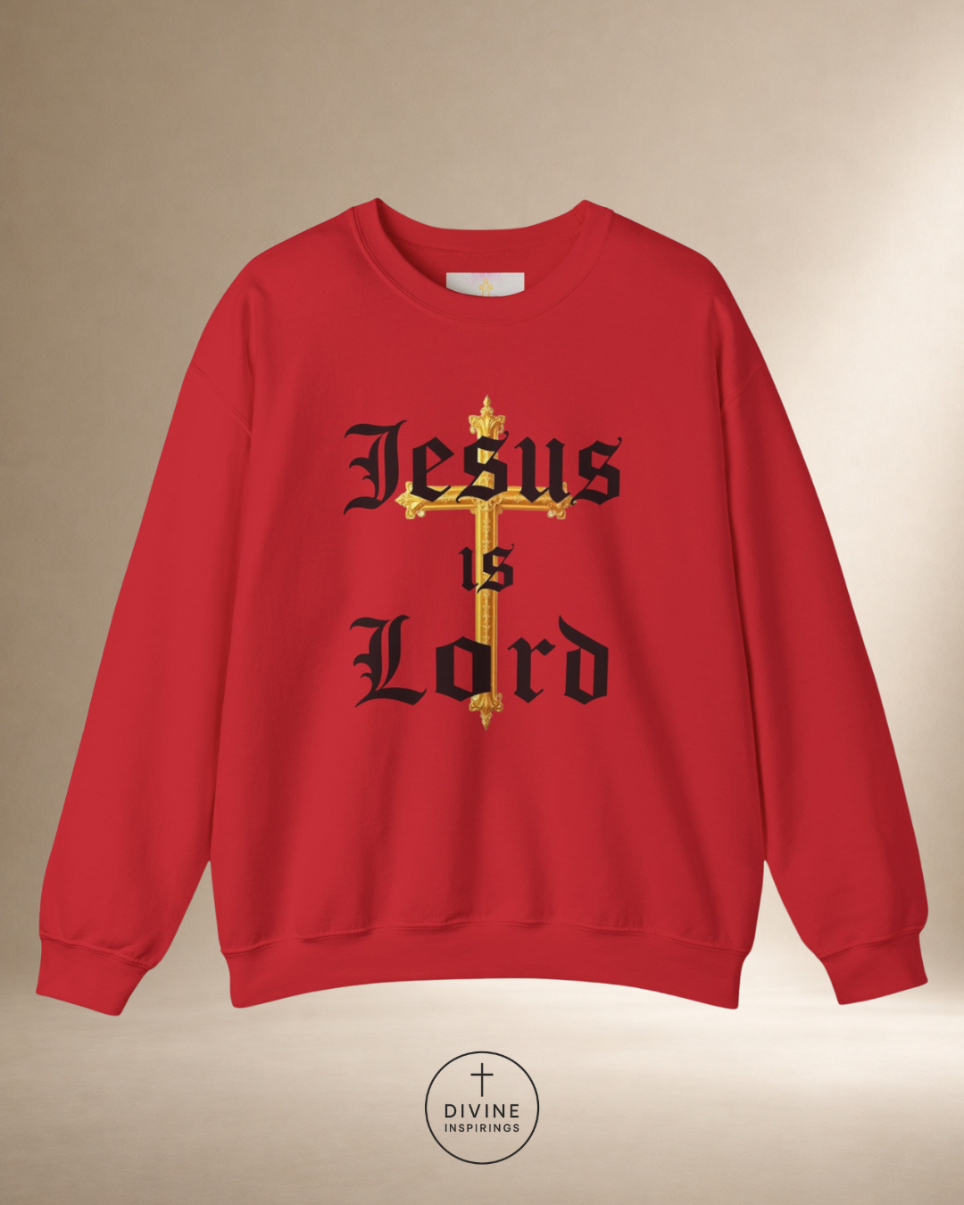 Red sweatshirt with 'Jesus is Lord' text on a beige background