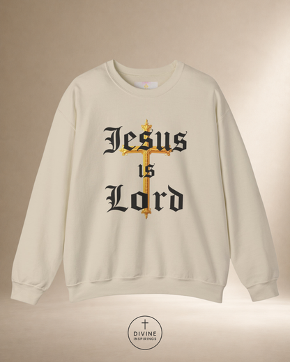 Beige sweatshirt with 'Jesus is Lord' text and cross design on a beige background