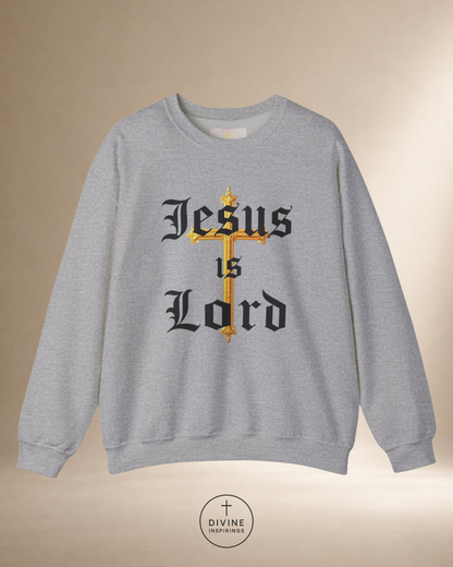 Gray sweatshirt with 'Jesus is Lord' text on a beige background