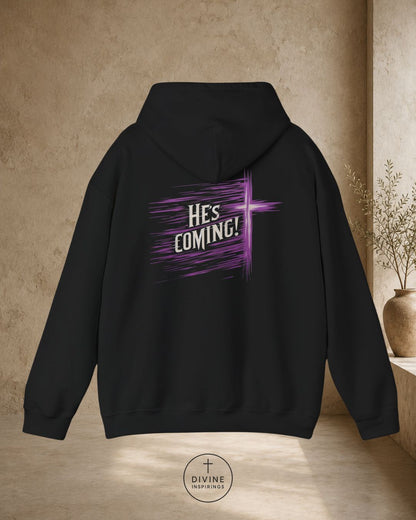 Black hoodie with 'He's Coming!' text on the back, displayed against a neutral background.