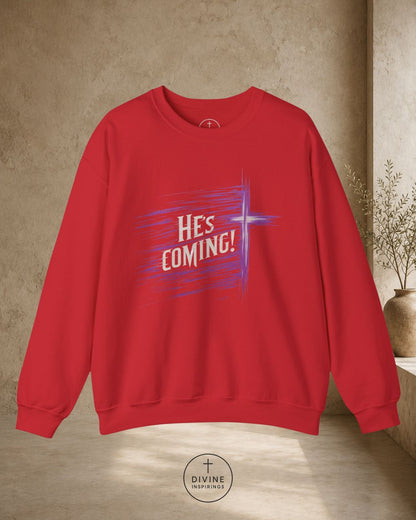 Red sweatshirt with 'He's Coming!' text on a beige background