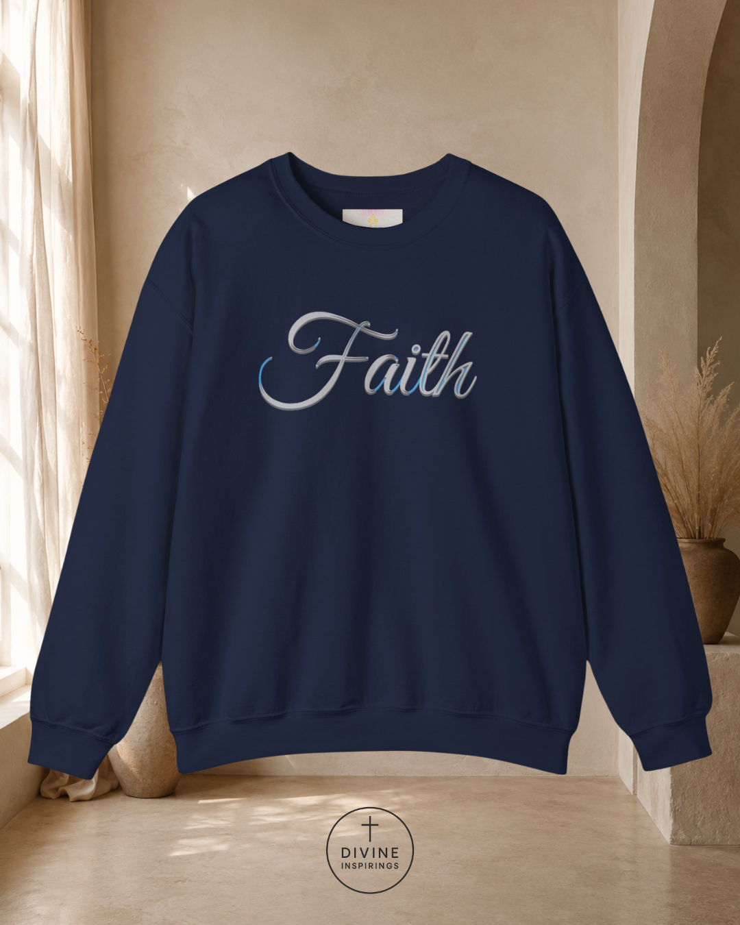 Navy blue sweatshirt with 'Faith' text in white on a neutral background