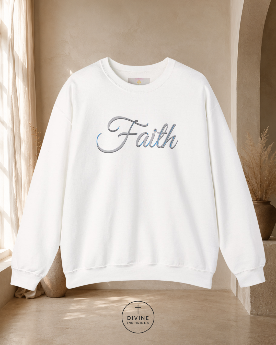 White sweatshirt with 'Faith' text in a room with beige walls and a window.