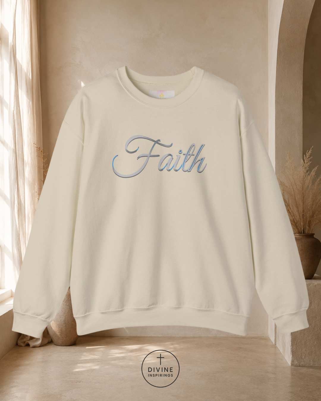 Beige sweatshirt with 'Faith' embroidery in blue on a neutral background