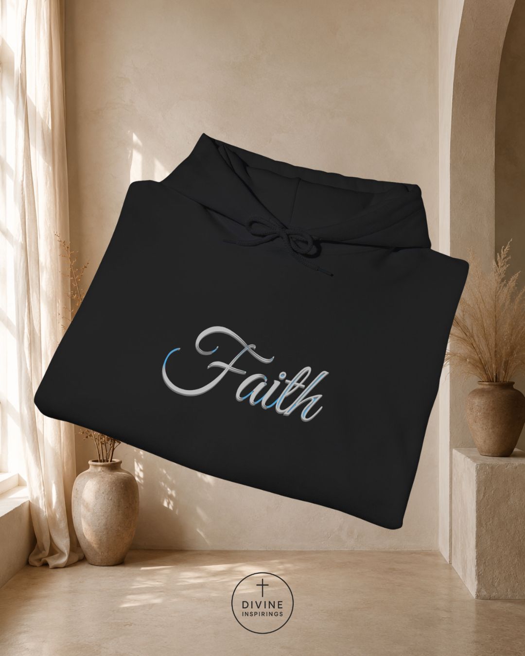 Black hoodie with 'Faith' text in a room with light-colored walls and decor.