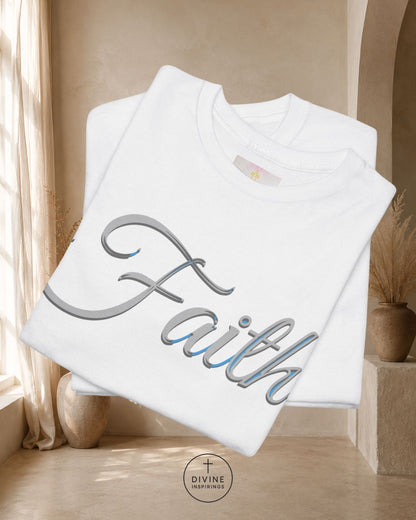 White sweatshirt with 'Faith' printed on it, displayed against a neutral background.