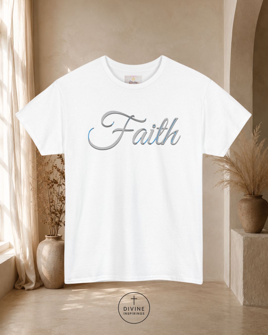 White t-shirt with 'Faith' text in a neutral setting