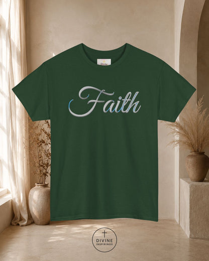 Green t-shirt with 'Faith' text in a room with decorative plants and a neutral wall.