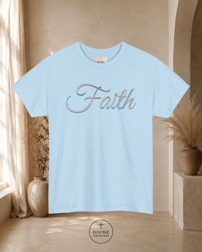 Light blue t-shirt with 'Faith' text in a neutral setting
