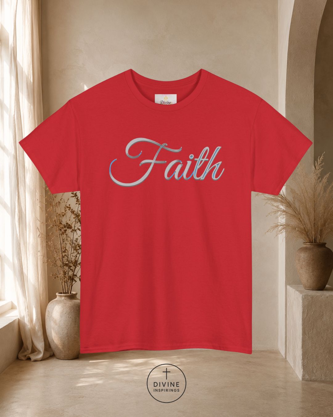 Red t-shirt with 'Faith' text in a neutral indoor setting