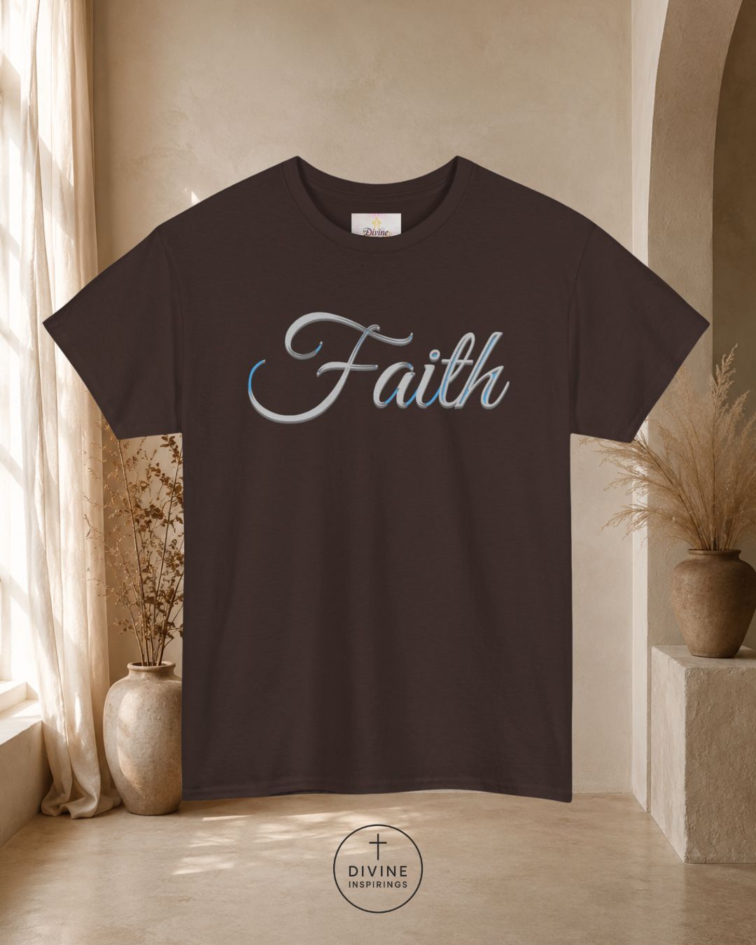 Green t-shirt with 'Faith' text in a room with decorative plants and a neutral wall.