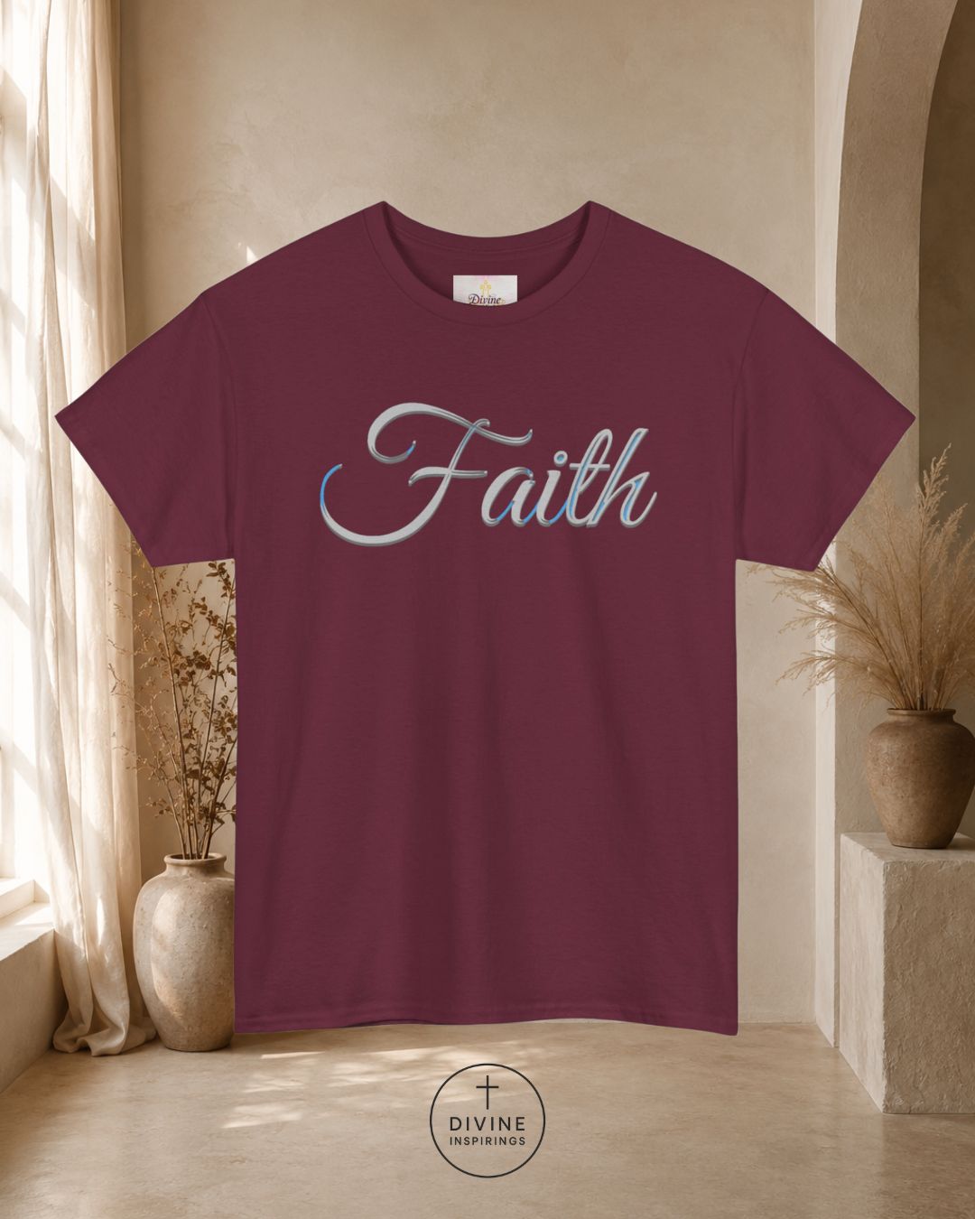 Maroon t-shirt with 'Faith' text in a neutral indoor setting