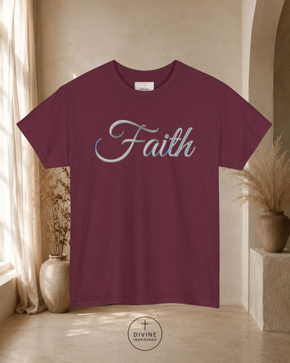 Maroon t-shirt with 'Faith' text in a neutral indoor setting