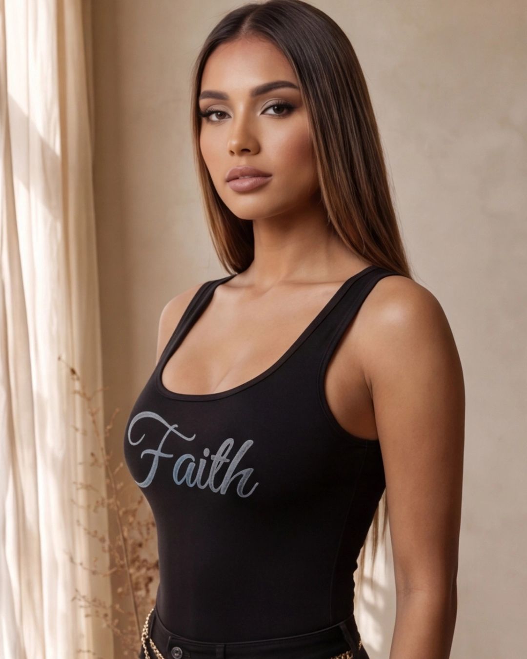 Woman wearing a black tank top with 'Faith' printed on it against a neutral background