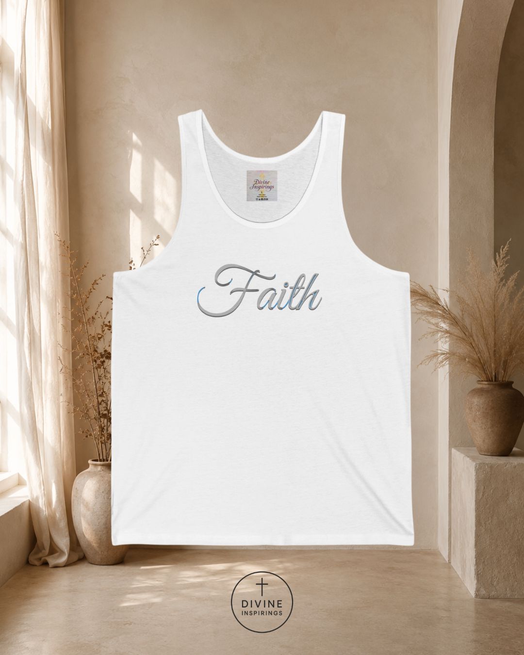 White tank top with 'Faith' text in a room with natural light and decor.