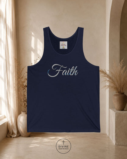 Black tank top with 'Faith' printed on it, hanging in a room with natural light.