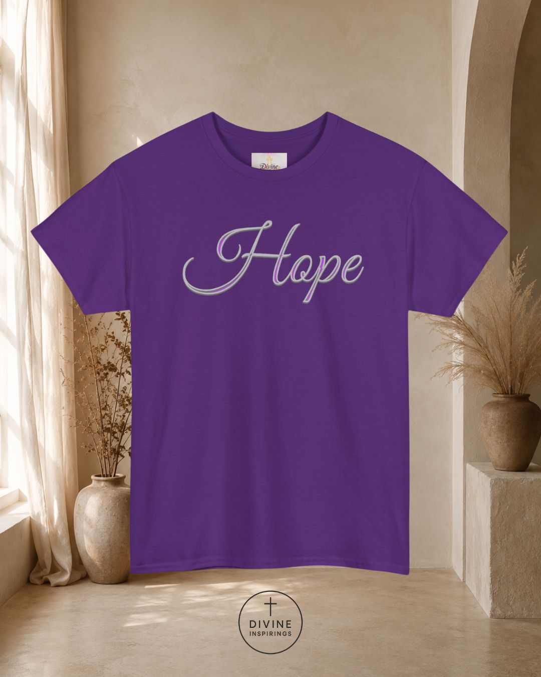 Purple t-shirt with 'Hope' text in a room with beige walls and decorative plants.