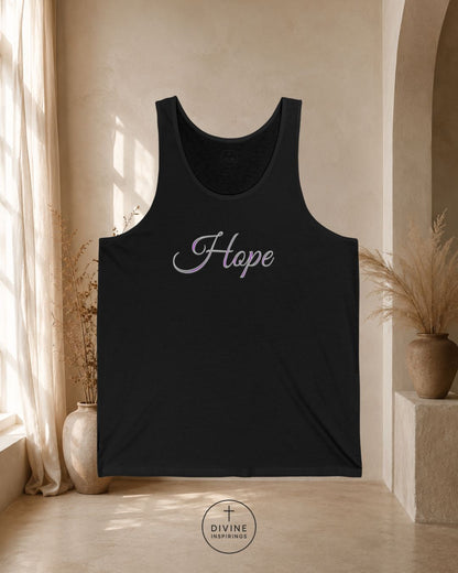 Black tank top with 'Hope' text in a minimalistic room with natural light.